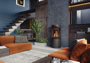 Onyx Liv 3 gas stove dark blue walls open concept living room with burnt orange sofas and white floor.