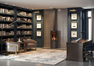 Onyx Liv 3 gas stove dark blue wall and grey tiled floor library decor.