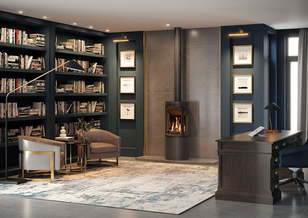 Onyx Liv 3 gas stove dark blue wall and grey tiled floor library decor.