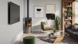 Onyx Liv 3 gas fire in small living room light green walls with grey floor and lovely green and wood accents.