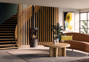 Onyx Liv 3 gas stove open concept curved staircase with contemporary living room decor.