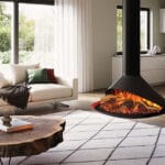 Onyx Orbit electric fire hanging or ceiling suspended fire for an open space seen with kitchen space light green walls and wood flooring.