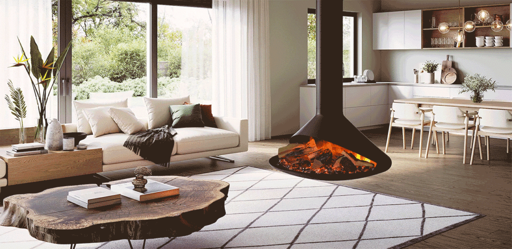 Onyx Orbit electric fire hanging or ceiling suspended fire for an open space seen with kitchen space light green walls and wood flooring.