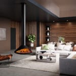 Onyx Orbit Electric hanging ceiling suspended fire with dark wood walls and grey floor.
