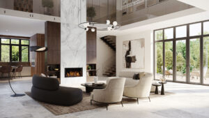 Onyx Avanti 85 Gas inset fire in large two story open concept with white marble, chocolate wood, light stone tiled floor and white walls. loads of natural lighting.