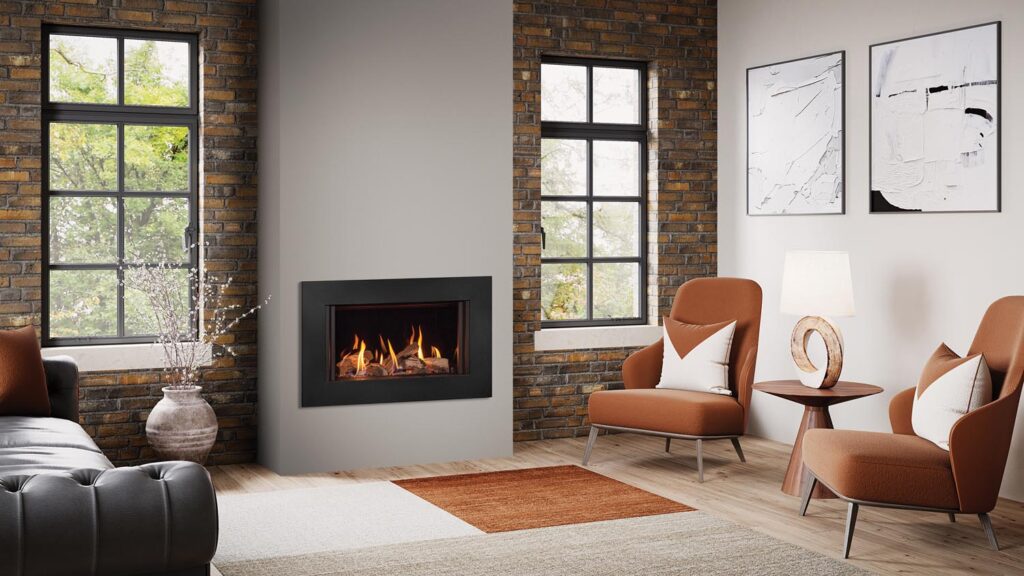 Onyx Avanti 65 Gas inset fire Expression Frame brick and white walls with light wood floor.
