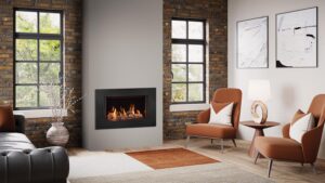 Onyx Avanti 65 Gas inset fire Expression Frame brick and white walls with light wood floor.