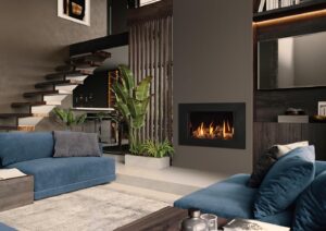 Onyx Avanti 65 Gas inset fire Expression frame with dark grey walls, blue sofas, and white marble floor.
