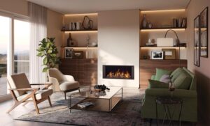 Onyx Avanti 85 Gas inset fire Edge Plus frame with magnolia walls and light grey tiled floor.