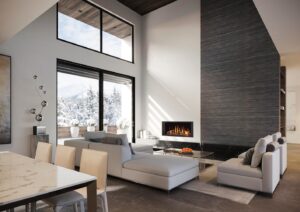 Onyx Avanti 85 Gas inset fire Edge Plus frame with white walls, white sofas, and dark grey tiled floor.