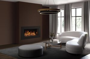 Onyx Avanti 85 Gas inset fire expression frame with dark brown walls and dark wood floor.