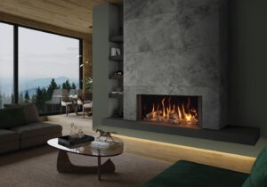 Onyx Avanti 85 Gas inset fire Edge Plus frame with dar green walls, dark stone facade and honey coloured wood floor.