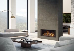 Onyx Avanti 85 Gas inset fire Edge Plus frame with white walls and white tile floor.