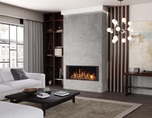 Onyx Avanti 85 Gas inset fire Edge Plus frame with white walls and dark wood floor.