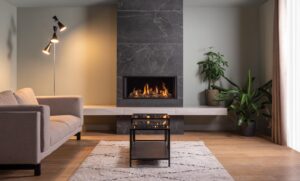 Onyx Avanti 85 Gas with edge plus frame grey walls and light wood floor, granite dark stove facade