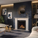 Onyx Eclipse 60HL inset gas fires white mantel dark blue stone tile slat panelling accent lighting modern living room decor white funiture