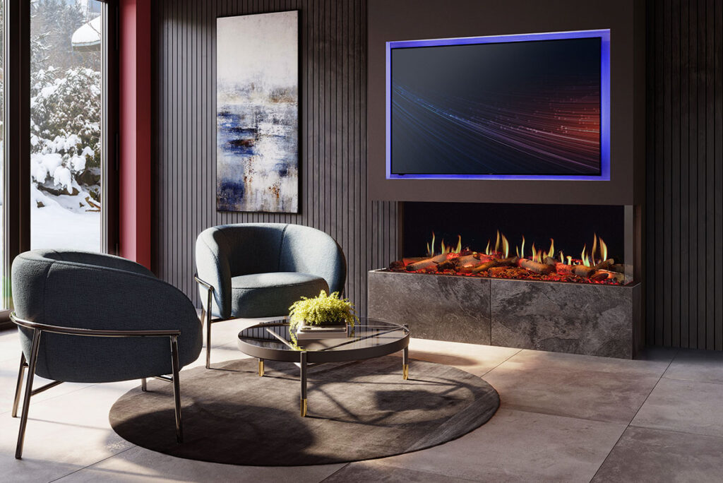 Onyx Fusion Electric 150RW installed as a three sided fire. Dark grey slatted walls and stone tile floor with modern furniture and snow outside.