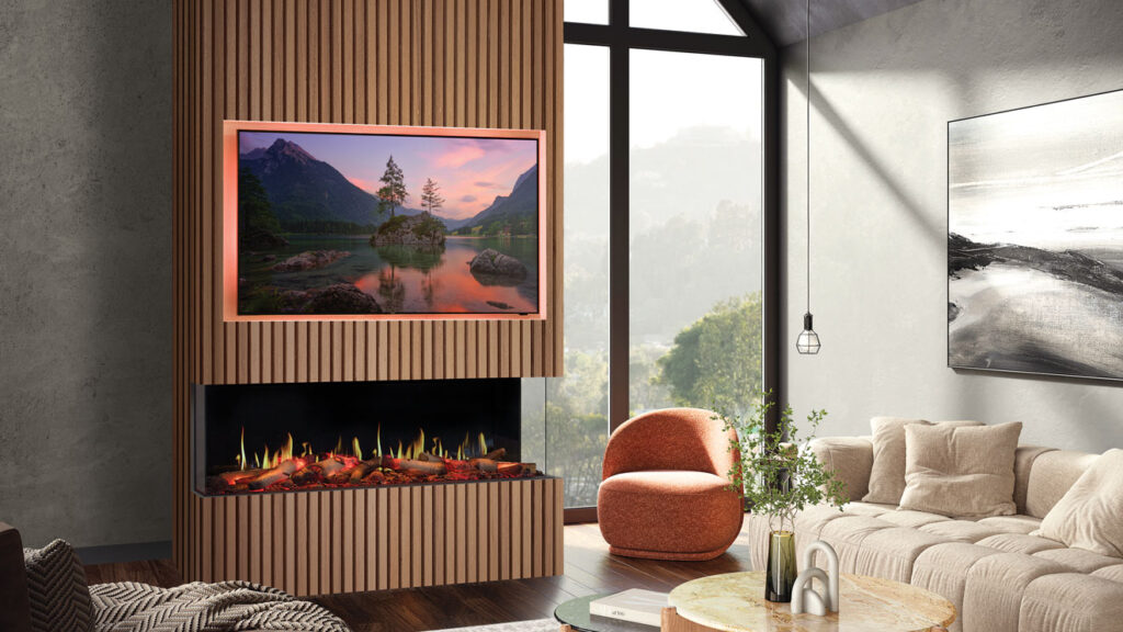 Onyx Fusion 150RW electric fire with Luxury Logscape real wood log set installed as a three-sided fire within a media wall. plenty of natural lighting and neutral tone wals with dark wood floors.