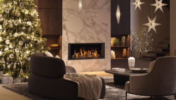 Onyx Avanti 85 inset gas fire csoft lighting neutral tones living room, christmas tree with white ornaments and hanging star lights.