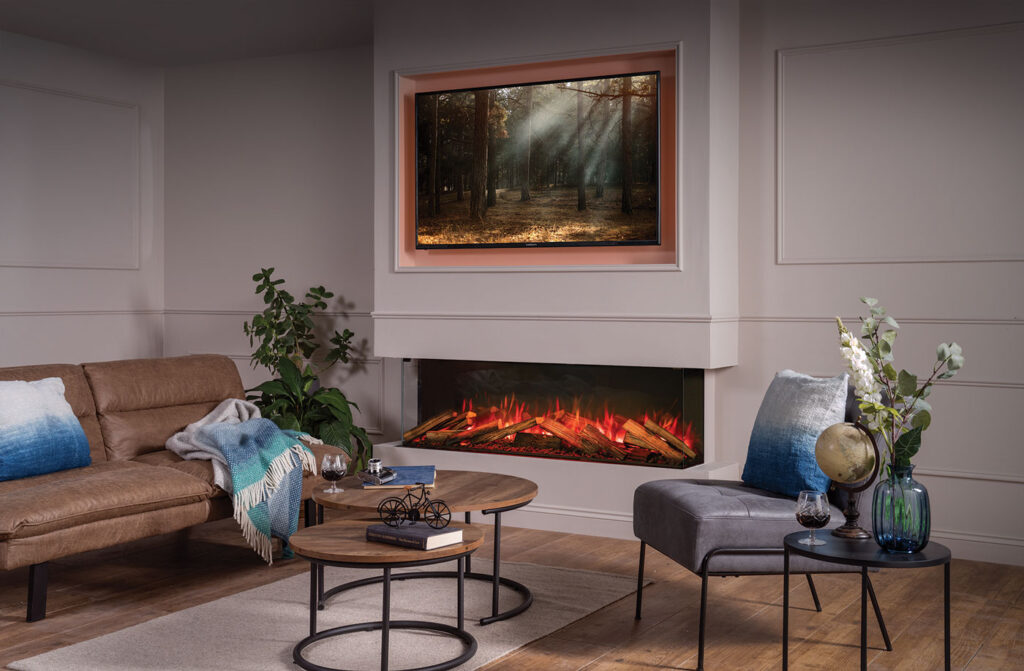 Onyx Avanti 150RW electric fire with optional Luxury Logscape real log set upgrade and mood lighting system around media wall tv. off white or light grey walls with medium tone wood flooring modern living room decor