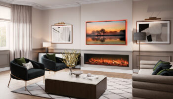 Onyx Avanti 190RW electric fire. Media wall electric fire. Ambient mood lighting installed behind the television. bright room with wood floor and white walls with molding around room, modern decor.