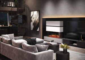 Onyx Avanti 110RW with Split Oak Log effect installed with Milazzo Suite base in grey two top sections in white and grey and various trim and infill options