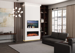 Onyx Avanti 110RW with optional Split Oak Log effect installed as a single sided fire. Shown with optional Mood Lighting System.