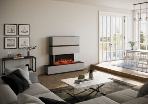 Onyx Avanti 110RW with optional Split Oak Log effect installed with Milazzo Suite base Two top sections in grey and various trim and infill options.