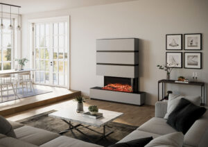 Onyx Avanti 110RW with optional Split Silver Birch Log effect installed with Milazzo Suite base three top sections in grey and various trim and infill options