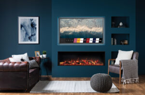 Onyx Avanti 150RW electric fires dark blue wall media wall installations, with wood flooring.