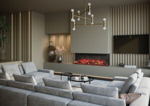Onyx Avanti 150RW eletric fire three-sided installations with grey-green walls and light grey wrap around sofa.
