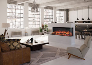 Onyx Avanti 150RW electric fire three-sided installation with urbane open concept studio with white walls , large windows, and white floor.