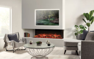 Onyx Avanti 150RW three-sided media wall fire, white and grey walls with a white wood floor.