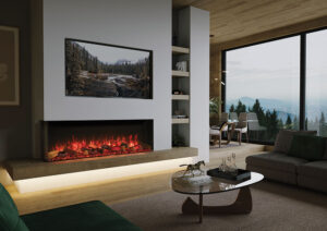 Onyx Avanti 150RW two-sided media wall installation with ambient lighting, honey wood floor.
