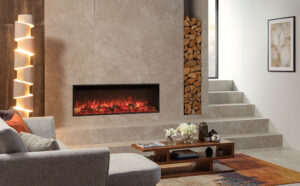 Onyx Avanti 150RW electric fire with white marble wall and stairs.