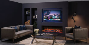 Onyx Avanti 150RW electric fire media wall mood lighting kit dark grey walls and grey floor.