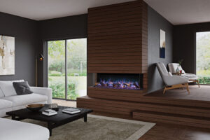 Onyx Avanti 150RW electric fire three-sided medium wood tones and dark grey walls mid century modern.  Blue flames.