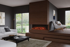 Onyx Avanti 150RW electric fire three-sided medium wood tones and dark grey walls mid century modern.