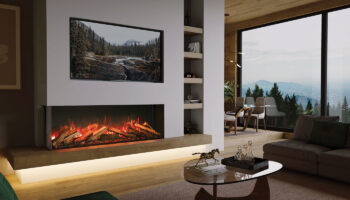 Real logs for electric fire. Onyx Luxury Logscape. hearth ambient mood lighting, media wall with two sided inset electric fire. large living room windows and honey coloured wood floow with wood ceiling and off white wall