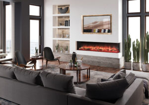 Onyx Avanti 190RW electric fire two-sided media wall installation with white wall and medium wood floor, and grey sofa.