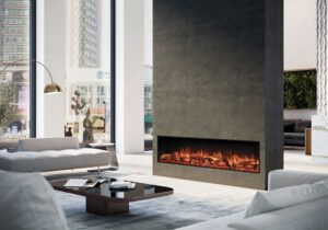 Onyx Avanti 190RW electric fire in modern condominium or urban apartment.  White floor and gree column installation.  White sofas.