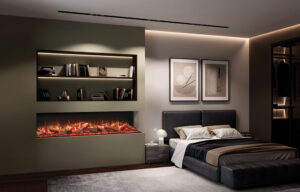 Onyx Avanti 190RW electric two-sided bedroom installation.  Green, brown, and white walls with dark wood floor and white rug.