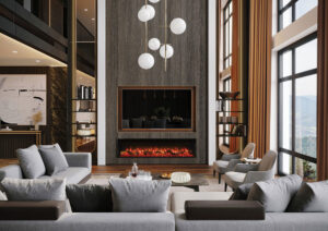 Onyx Avanti 190RW electric vaulted ceiling living room with media wall installation.
