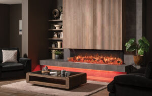 Onyx Avanti 190RW installed as a three sided fire, wood slatted wall about fire. Mocha walls modern liging room decor with ambient lighting around hearth