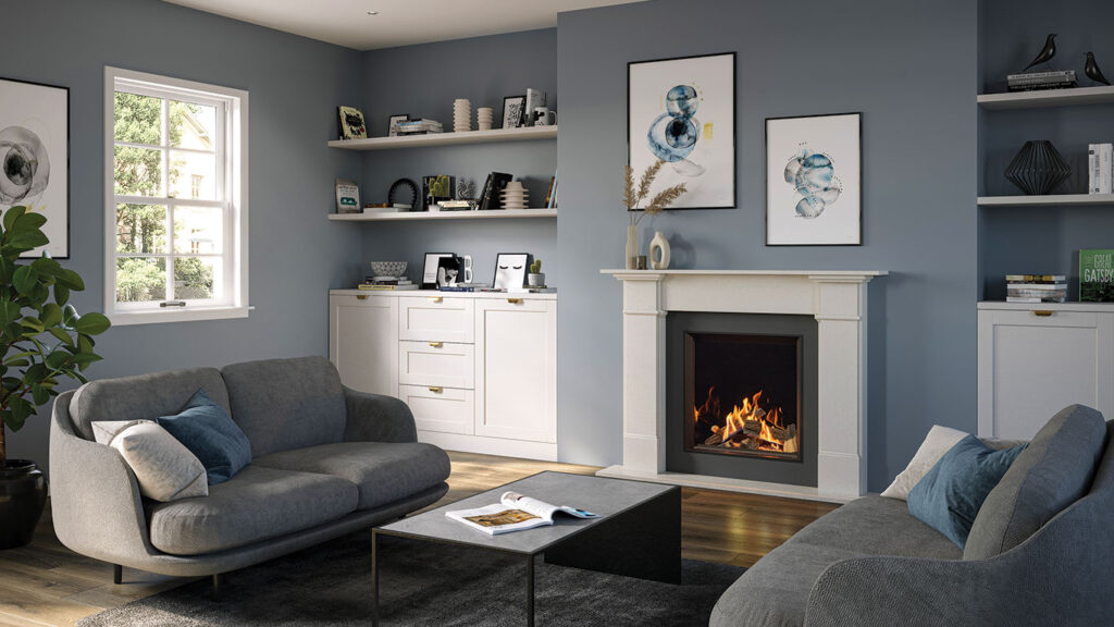 Onyx Eclipse 60HL gas fire with white mantel, light blue walls, and wood flooring.