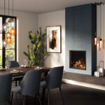 Onyx Eclipse 60HL gas fire dining room with dark wood floor and off-white walls.