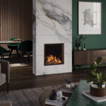 Onyx Eclipse 60HL inset fire. white marble dark wood floor , dark green walls, wood slat panelling modern decor
