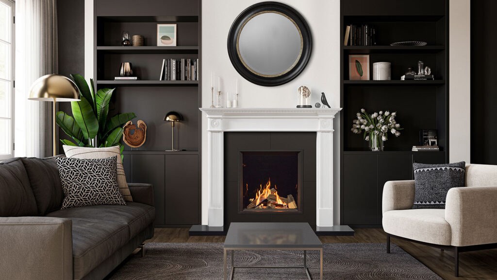 Onyx Eclipse 60HL gas fire dark grey and white walls with dark wood flooring.