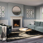 onyx eclipse 60hl gas inset fire with white stone mantel and wainscotting with light blue walls and blue modern furniture decore medium wood flooring and framed leaf prints