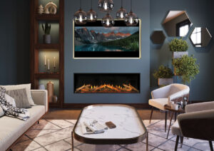 Onyx Fusion 150RW electric fire, installed in a media wall, with the Luxury Logscape Real Wood Log Set chosen as the fuel bed.  Steel blue wall with brown large tiled floor and light rug.   modern furniture living room decor